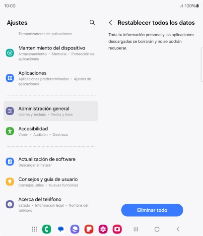 Pulsa Eliminar todo. Espera unos instantes mientras el teléfono restablece la configuración predeterminada. Sigue las indicaciones de la pantalla para configurar el teléfono y dejarlo listo para su uso.