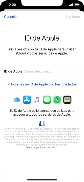 Si no tienes un ID de Apple, pulsa ¿No tienes un ID de Apple o lo has olvidado? y sigue las indicaciones de la pantalla para ver cómo crear un ID de Apple.