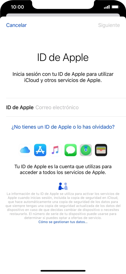 Si no tienes un ID de Apple, pulsa ¿No tienes un ID de Apple o lo has olvidado? y sigue las indicaciones de la pantalla para ver cómo crear un ID de Apple.