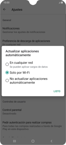 Para activar la actualización automática de apps utilizando la red móvil, pulsa En cualquier red.