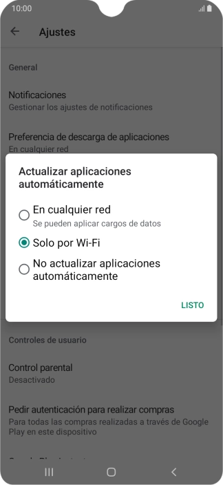 Para activar la actualización automática de apps utilizando la red móvil, pulsa En cualquier red.