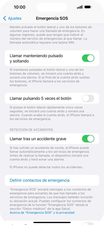 Pulsa Definir contactos de emergencia y sigue las indicaciones de la pantalla para insertar la información y tus contactos de emergencia.