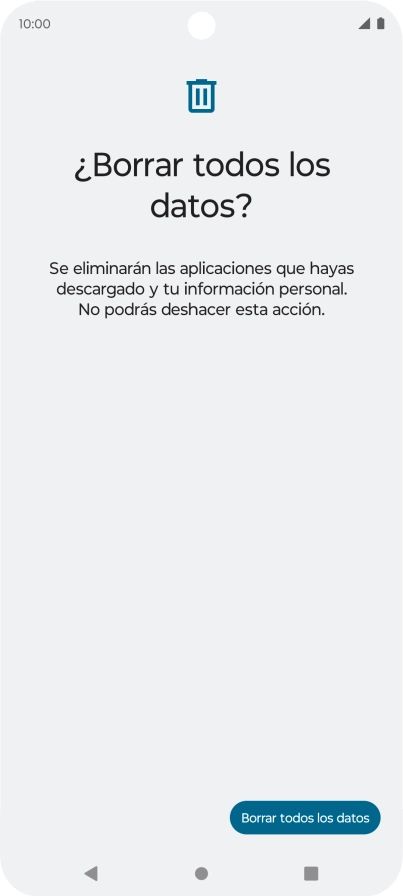 Pulsa Borrar todos los datos. Espera unos instantes mientras el teléfono restablece la configuración predeterminada. Sigue las indicaciones de la pantalla para configurar el teléfono y dejarlo listo para su uso.