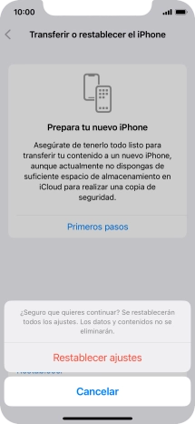 Pulsa Restablecer ajustes. Espera unos instantes mientras el teléfono restablece la configuración predeterminada. Sigue las indicaciones de la pantalla para configurar el teléfono y dejarlo listo para su uso.