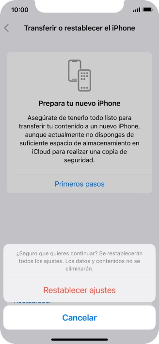 Pulsa Restablecer ajustes. Espera unos instantes mientras el teléfono restablece la configuración predeterminada. Sigue las indicaciones de la pantalla para configurar el teléfono y dejarlo listo para su uso.