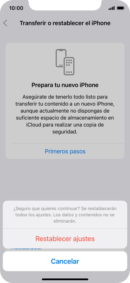 Pulsa Restablecer ajustes. Espera unos instantes mientras el teléfono restablece la configuración predeterminada. Sigue las indicaciones de la pantalla para configurar el teléfono y dejarlo listo para su uso.