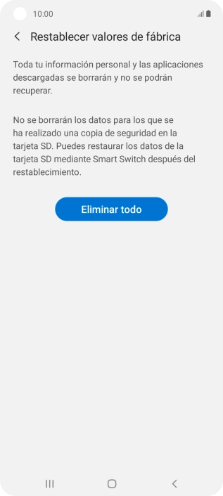 Pulsa Eliminar todo. Espera unos instantes mientras el teléfono restablece la configuración predeterminada. Sigue las indicaciones de la pantalla para configurar el teléfono y dejarlo listo para su uso.
