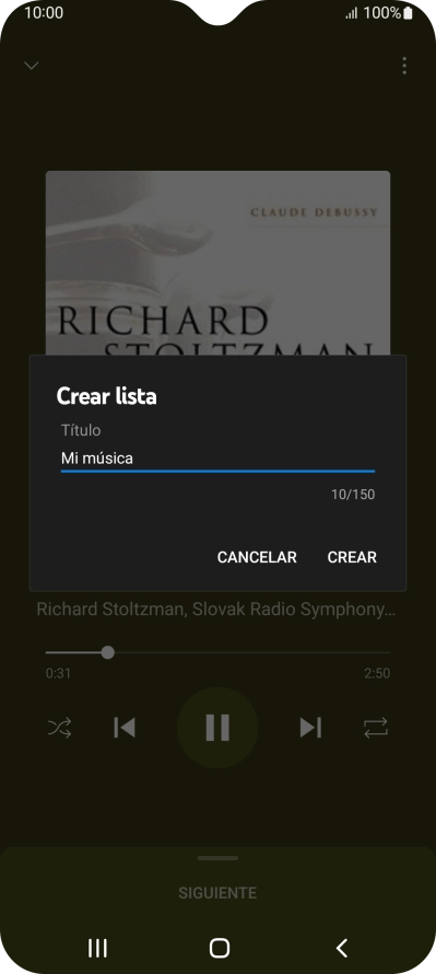 Introduce el nombre deseado de la lista de reproducción y pulsa CREAR. Introduce el nombre deseado de la lista de reproducción y pulsa CREAR.