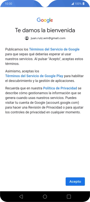 Pulsa Acepto y sigue las indicaciones de la pantalla para seleccionar los ajustes de tu cuenta de Google.
