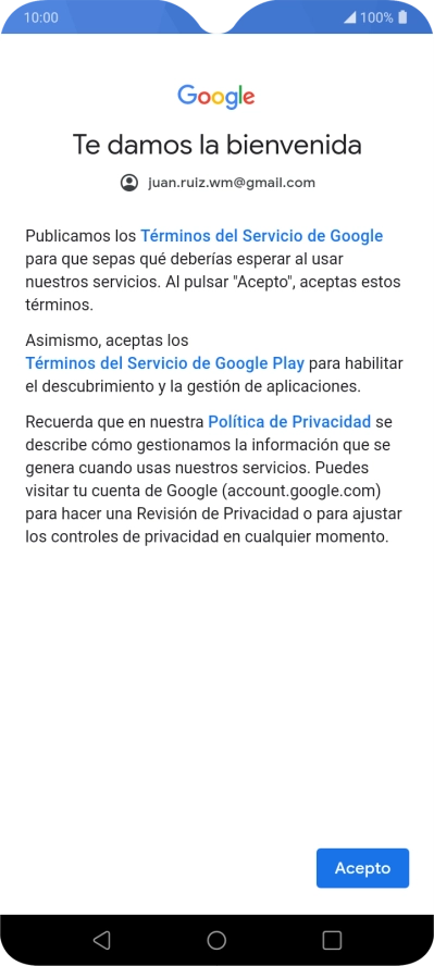 Pulsa Acepto y sigue las indicaciones de la pantalla para seleccionar los ajustes de tu cuenta de Google.