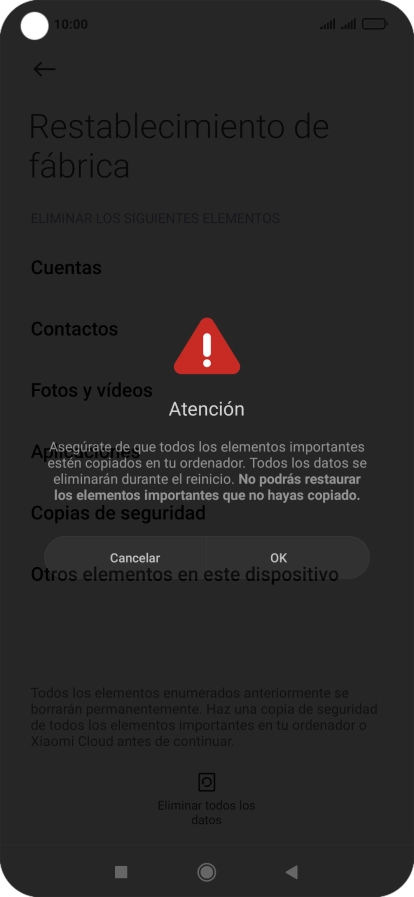 Pulsa OK. Espera unos instantes mientras el teléfono restablece la configuración predeterminada. Sigue las indicaciones de la pantalla para configurar el teléfono y dejarlo listo para su uso.