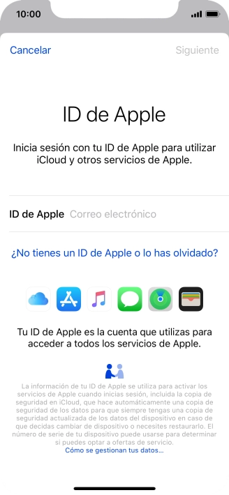 Si no tienes un ID de Apple, pulsa ¿No tienes un ID de Apple o lo has olvidado? y sigue las indicaciones de la pantalla para ver cómo crear un ID de Apple.