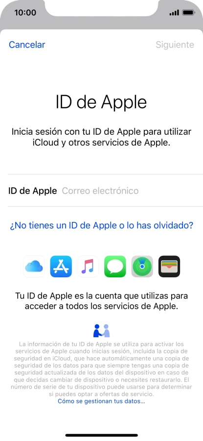 Si no tienes un ID de Apple, pulsa ¿No tienes un ID de Apple o lo has olvidado? y sigue las indicaciones de la pantalla para ver cómo crear un ID de Apple.