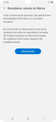Pulsa Eliminar todo. Espera unos instantes mientras el teléfono restablece la configuración predeterminada. Sigue las indicaciones de la pantalla para configurar el teléfono y dejarlo listo para su uso.