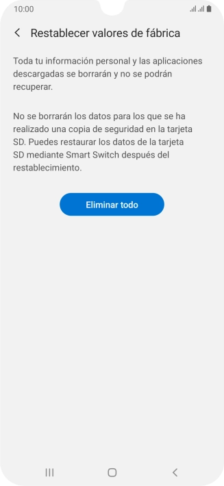 Pulsa Eliminar todo. Espera unos instantes mientras el teléfono restablece la configuración predeterminada. Sigue las indicaciones de la pantalla para configurar el teléfono y dejarlo listo para su uso.
