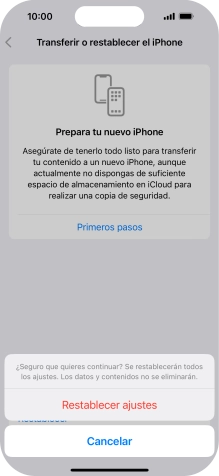 Pulsa Restablecer ajustes. Espera unos instantes mientras el teléfono restablece la configuración predeterminada. Sigue las indicaciones de la pantalla para configurar el teléfono y dejarlo listo para su uso.