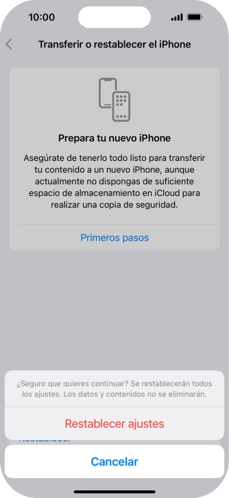 Pulsa Restablecer ajustes. Espera unos instantes mientras el teléfono restablece la configuración predeterminada. Sigue las indicaciones de la pantalla para configurar el teléfono y dejarlo listo para su uso.