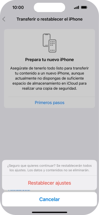 Pulsa Restablecer ajustes. Espera unos instantes mientras el teléfono restablece la configuración predeterminada. Sigue las indicaciones de la pantalla para configurar el teléfono y dejarlo listo para su uso.
