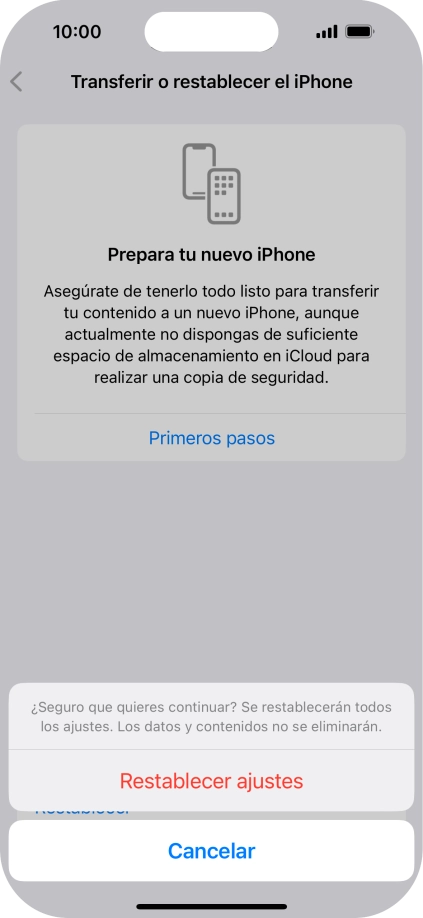 Pulsa Restablecer ajustes. Espera unos instantes mientras el teléfono restablece la configuración predeterminada. Sigue las indicaciones de la pantalla para configurar el teléfono y dejarlo listo para su uso.