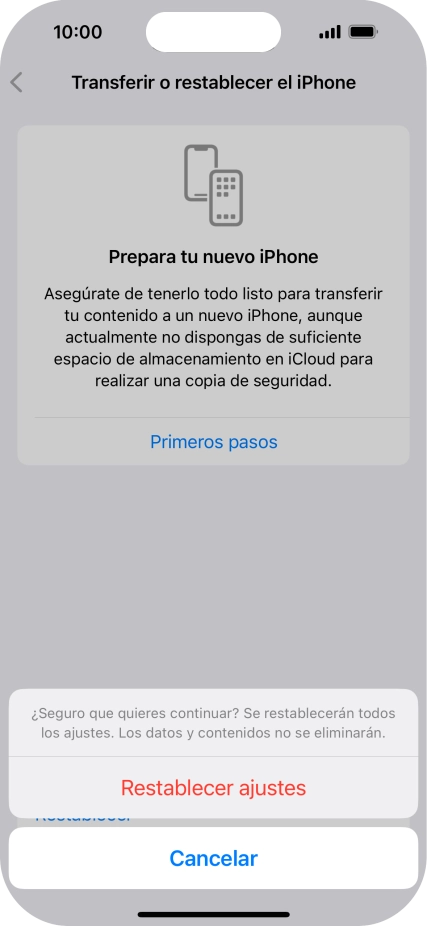 Pulsa Restablecer ajustes. Espera unos instantes mientras el teléfono restablece la configuración predeterminada. Sigue las indicaciones de la pantalla para configurar el teléfono y dejarlo listo para su uso.