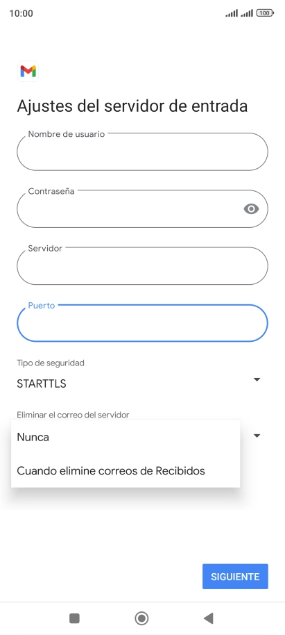 Pulsa Nunca para conservar los correos electrónicos en el servidor cuando los borras del teléfono.