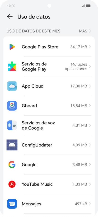 Y el consumo de datos de cada aplicación aparece junto a ellas.