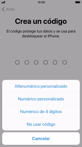 Sigue las indicaciones de la pantalla para activar el uso del código de seguridad o pulsa No usar código.