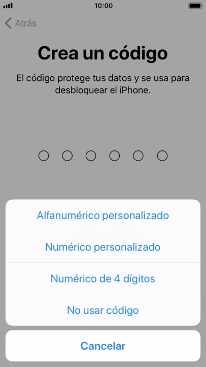 Sigue las indicaciones de la pantalla para activar el uso del código de seguridad o pulsa No usar código.