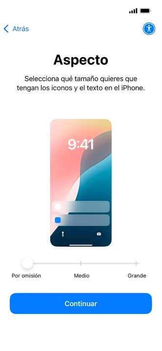 Selecciona el tamaño de letra y de los iconos que debe tener el teléfono y pulsa Continuar.
