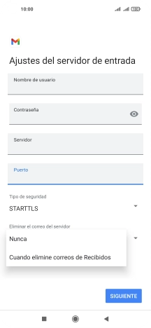 Pulsa Nunca para conservar los correos electrónicos en el servidor cuando los borras del teléfono.