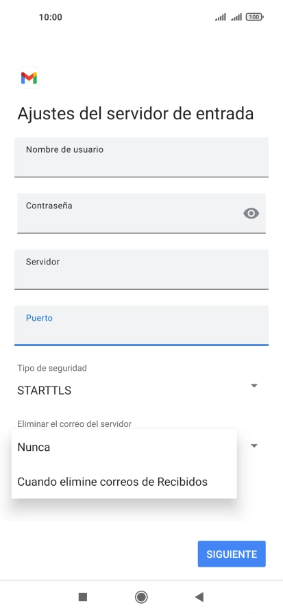 Pulsa Nunca para conservar los correos electrónicos en el servidor cuando los borras del teléfono.