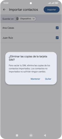 Si deseas conservar los contactos importados en la tarjeta SIM, pulsa Mantener.