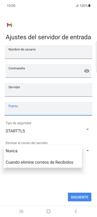Pulsa Nunca para conservar los correos electrónicos en el servidor cuando los borras del teléfono. Pulsa Nunca para conservar los correos electrónicos en el servidor cuando los borras del teléfono.