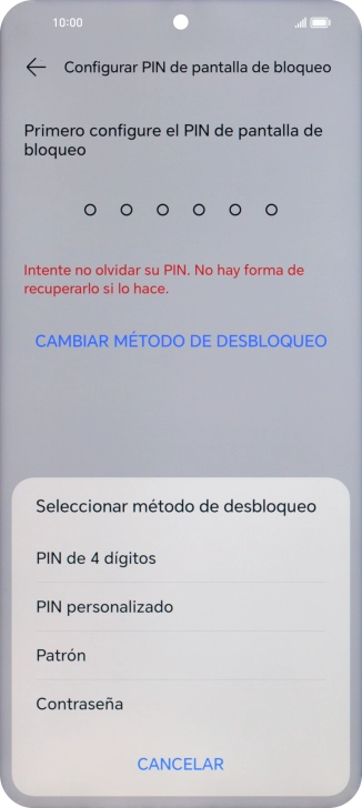 Pulsa el código de seguridad deseado y sigue las indicaciones de la pantalla para crear un código de seguridad del teléfono adicional.