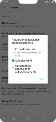 Para activar la actualización automática de apps utilizando la red móvil, pulsa En cualquier red.