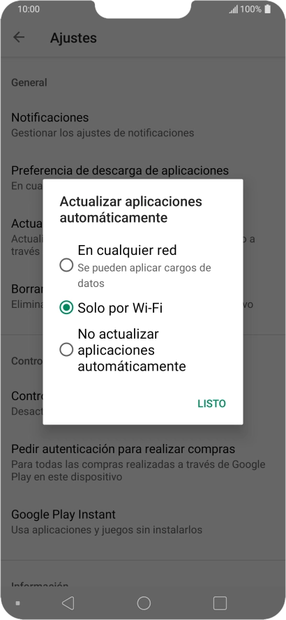 Para activar la actualización automática de apps utilizando la red móvil, pulsa En cualquier red.
