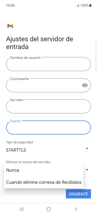 Pulsa Nunca para conservar los correos electrónicos en el servidor cuando los borras del teléfono.