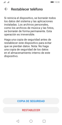 Pulsa RESTABLECER. Espera unos instantes mientras el teléfono restablece la configuración predeterminada. Sigue las indicaciones de la pantalla para configurar el teléfono y dejarlo listo para su uso.