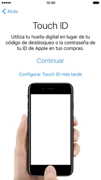Sigue las indicaciones de la pantalla para activar el uso del sensor de identidad o pulsa Configurar Touch ID más tarde. Sigue las indicaciones de la pantalla para activar el uso del sensor de identidad o pulsa Configurar Touch ID más tarde.