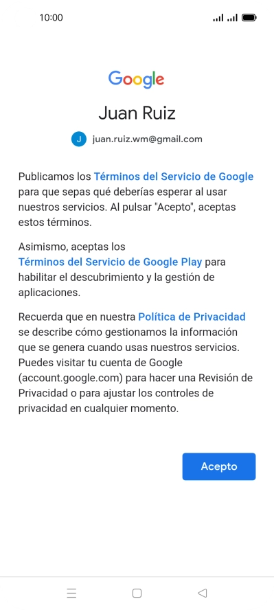 Pulsa Acepto y sigue las indicaciones de la pantalla para seleccionar los ajustes de tu cuenta de Google.