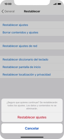Pulsa Restablecer ajustes. Espera unos instantes mientras el teléfono restablece la configuración predeterminada. Sigue las indicaciones de la pantalla para configurar el teléfono y dejarlo listo para su uso.
