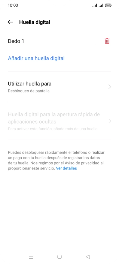 Pulsa el icono de eliminar junto a la huella digital que deseas borrar.