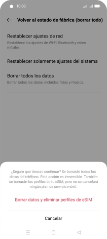 Pulsa Borrar datos y eliminar perfiles de eSIM. Espera unos instantes mientras el teléfono restablece la configuración predeterminada. Sigue las indicaciones de la pantalla para configurar el teléfono y dejarlo listo para su uso. Pulsa Borrar datos y eliminar perfiles de eSIM. Espera unos instantes mientras el teléfono restablece la configuración predeterminada. Sigue las indicaciones de la pantalla para configurar el teléfono y dejarlo listo para su uso.