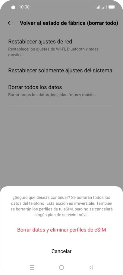 Pulsa Borrar datos y eliminar perfiles de eSIM. Espera unos instantes mientras el teléfono restablece la configuración predeterminada. Sigue las indicaciones de la pantalla para configurar el teléfono y dejarlo listo para su uso. Pulsa Borrar datos y eliminar perfiles de eSIM. Espera unos instantes mientras el teléfono restablece la configuración predeterminada. Sigue las indicaciones de la pantalla para configurar el teléfono y dejarlo listo para su uso.