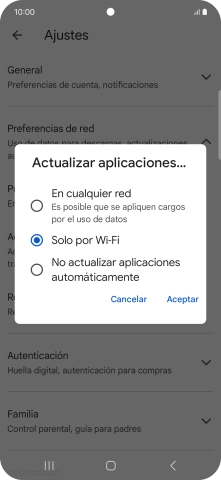 Para activar la actualización automática de apps utilizando la red móvil, pulsa En cualquier red. Para activar la actualización automática de apps utilizando la red móvil, pulsa En cualquier red.