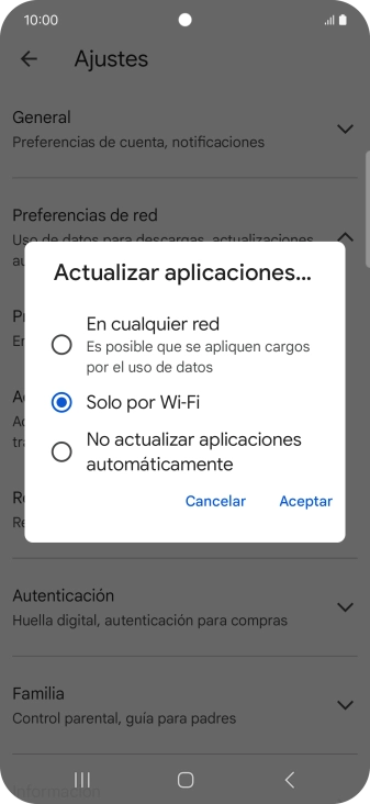 Para activar la actualización automática de apps utilizando la red móvil, pulsa En cualquier red. Para activar la actualización automática de apps utilizando la red móvil, pulsa En cualquier red.