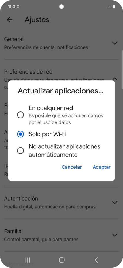 Para activar la actualización automática de apps utilizando la red móvil, pulsa En cualquier red. Para activar la actualización automática de apps utilizando la red móvil, pulsa En cualquier red.