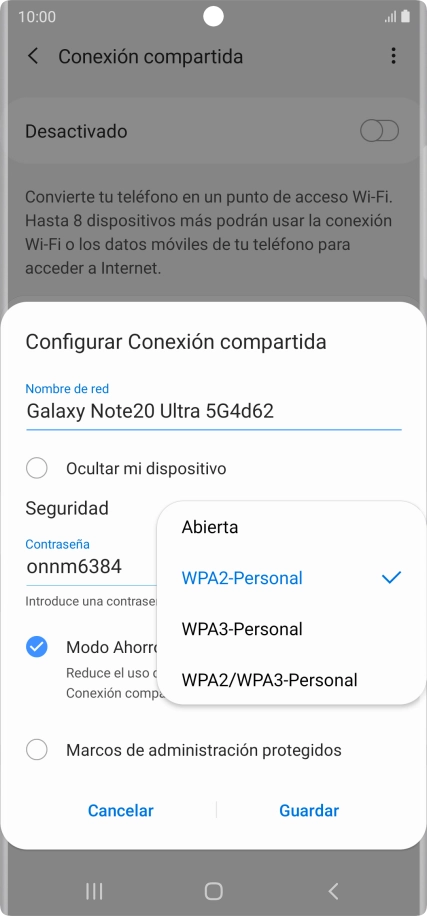 Pulsa WPA2-Personal para proteger la conexión wifi con una contraseña.