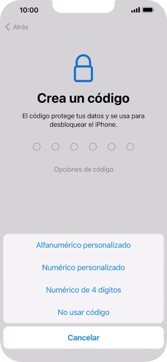 Sigue las indicaciones de la pantalla para activar el uso del código de seguridad o pulsa No usar código.