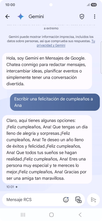 La propuesta de texto de Gemini se visualiza ahora en la pantalla.
